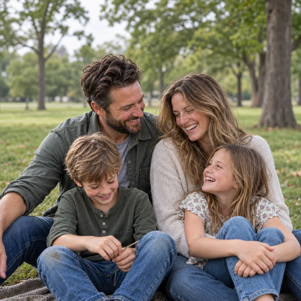 A family of four sitting on the grass in a park, laughing together